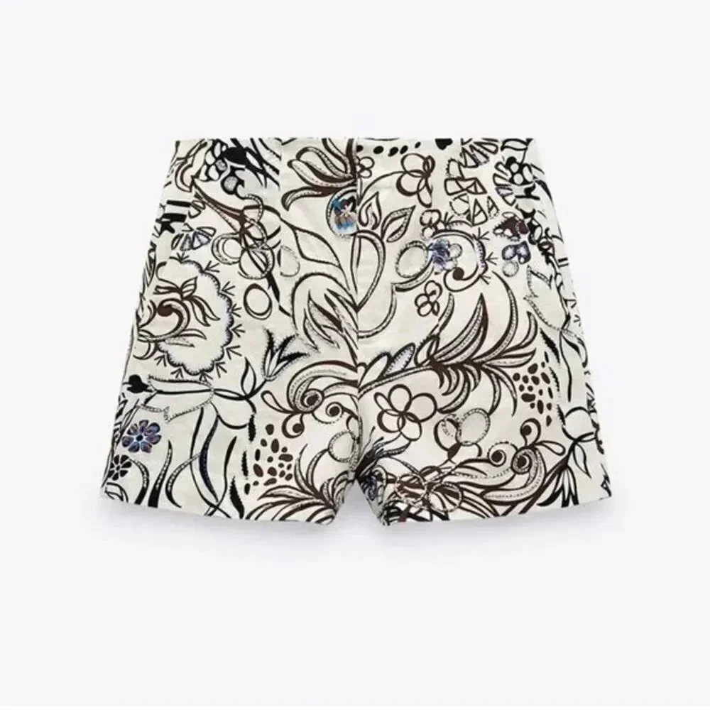ZARA Ecru Printed Jewel High Waisted Shorts Women's Size Small